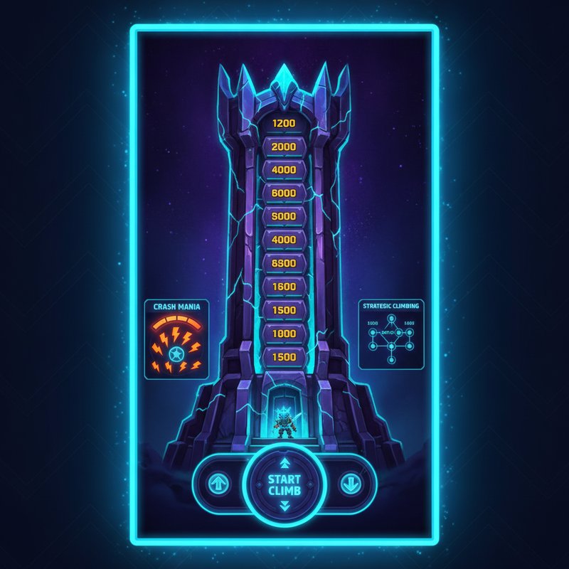Tower Rush slot game by Galaxsys showing 36-level vertical tower with multiplier progression, crash mania mechanics, and strategic climbing gameplay interface